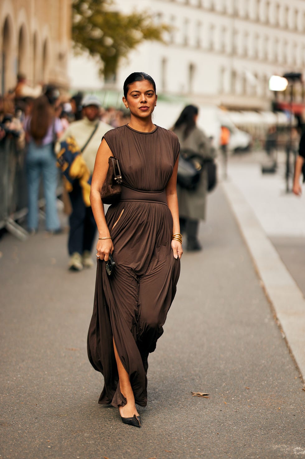 Draped Brown Maxi Dress with Halter Neckline and Pointed-Toe Heels — Dress As Your Type