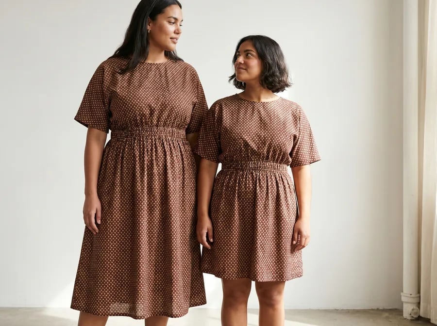 Brown and Beige Geometric Print A-Line Dresses, Close-Up Take — Dress As Your Type