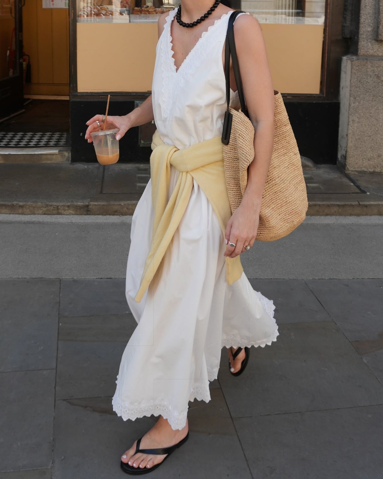 White Cotton Eyelet Midi Dress with Scalloped Trim, Close-Up Take — Dress As Your Type
