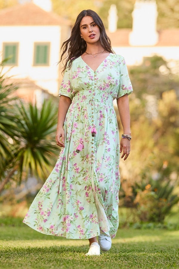 Mint Green Floral Maxi Dress with Button-Front, Close-Up Take — Dress As Your Type