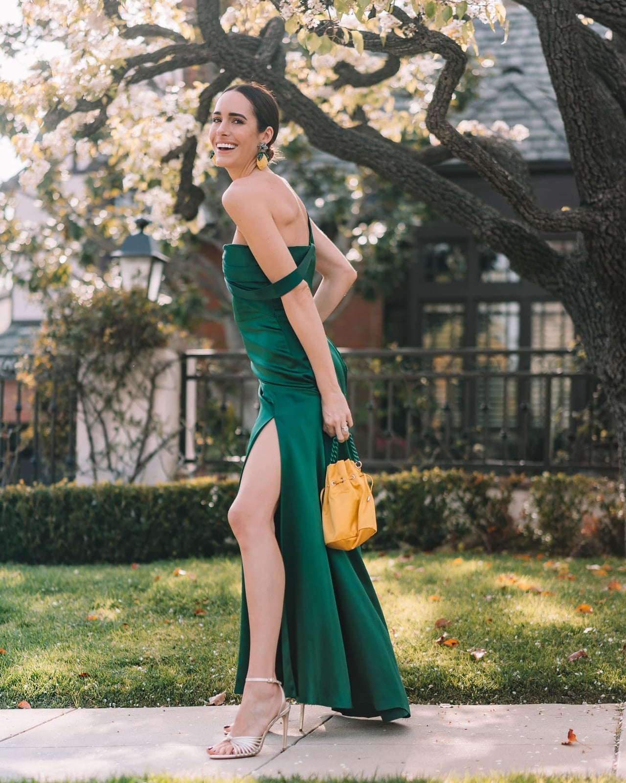 Emerald Green Satin Dress with Off-The-Shoulder Neckline — Dress for Wedding Guest