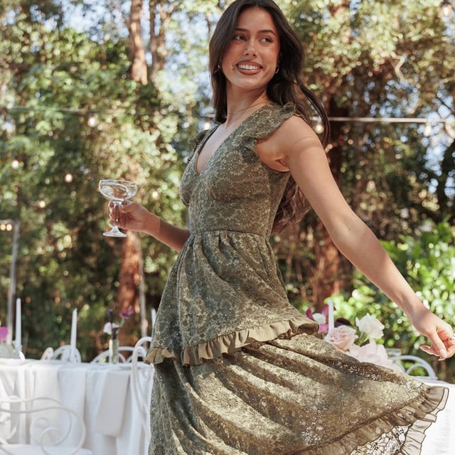Olive Green Lace Midi Dress with Tiered Ruffles — Dress for Wedding Guest