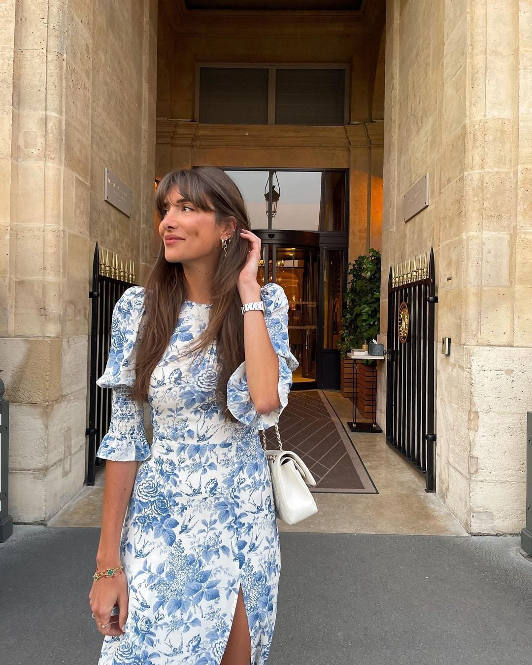 White and Blue Floral Print Dress with Puffed Sleeves — Dress for Wedding Guest