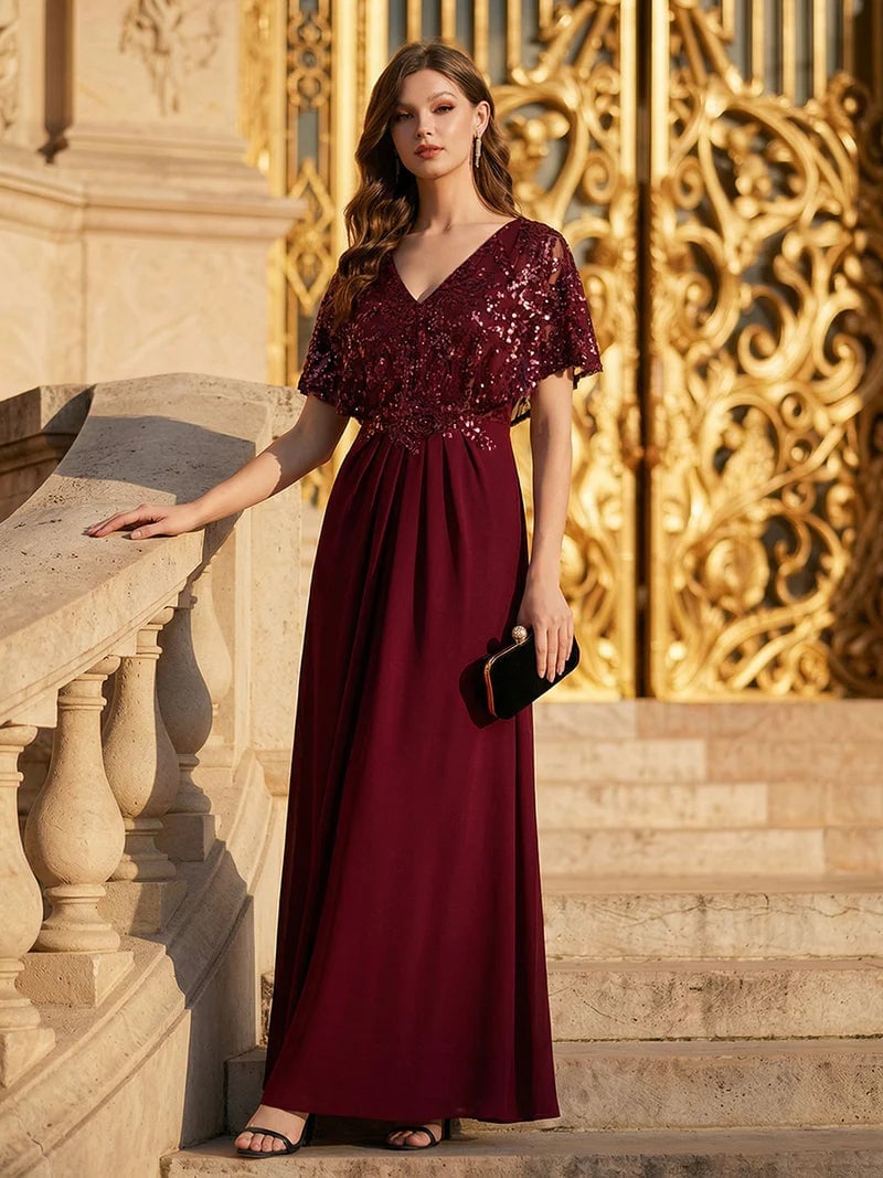 Maroon Maxi Dress with Sequined Capelet Overlay — Dress for Wedding Guest