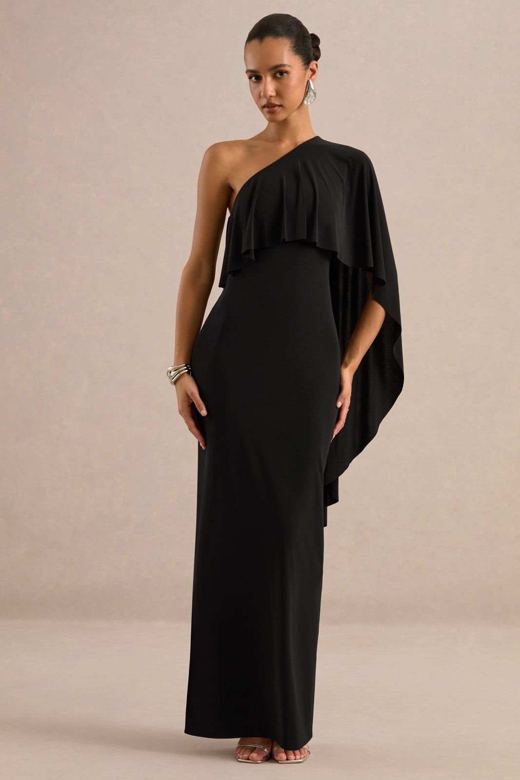 Black One-Shoulder Maxi Dress with Cape Overlay — Dress for Wedding Guest