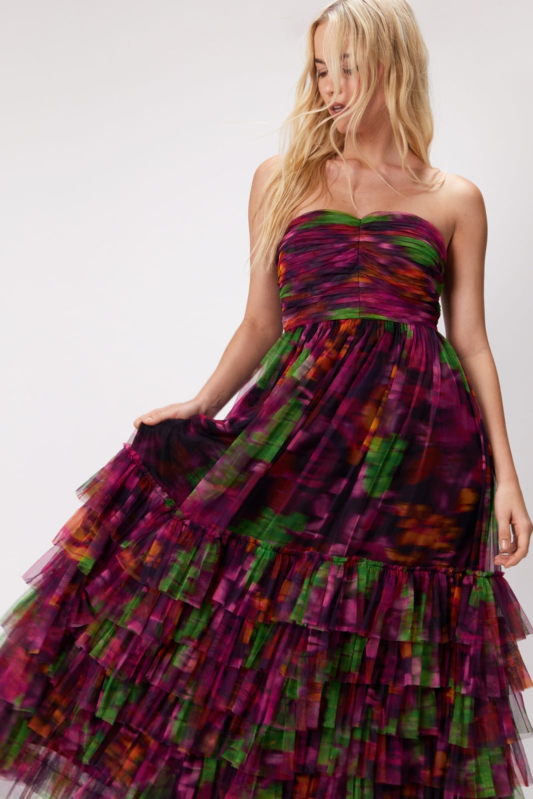 Strapless Tiered Ruffled Dress with Tie-Dye Print — Dress for Wedding Guest