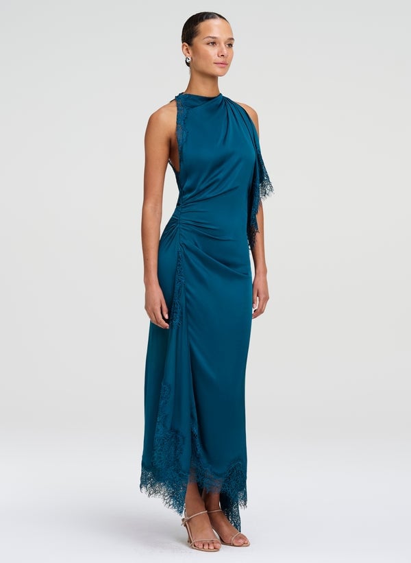 Teal Satin Halter Neck Dress with Ruched Detailing — Dress for Wedding Guest