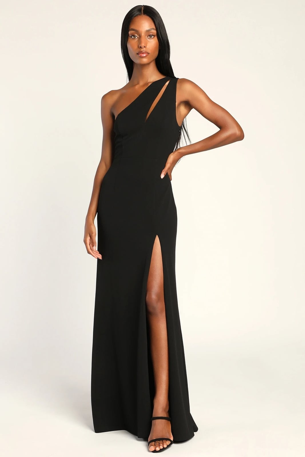 Black One-Shoulder Maxi Dress with Modern Cut-Out — Dress for Wedding Guest