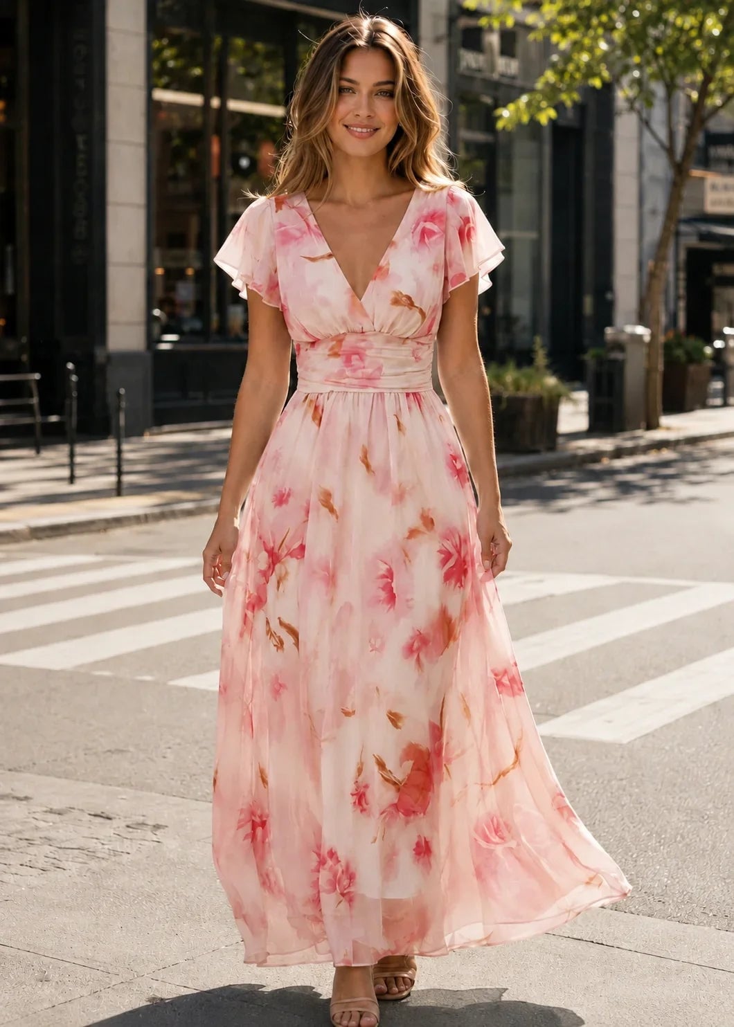 Pink and White Watercolor Floral Print Wrap Dress — Dress for Wedding Guest