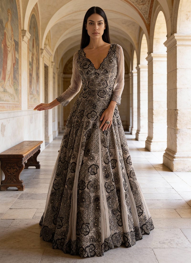 Gray Georgette Gown with Black Embroidery — Dress for Wedding Guest
