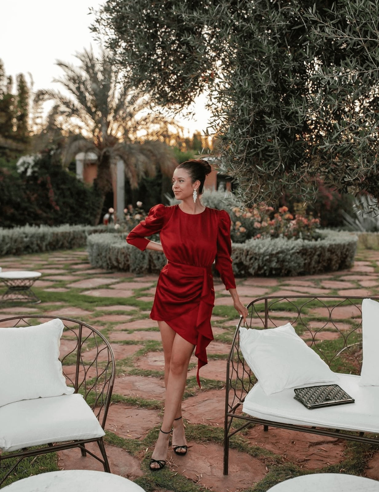 Red Satin Mini Dress with Puffed Sleeves — Dress for Wedding Guest