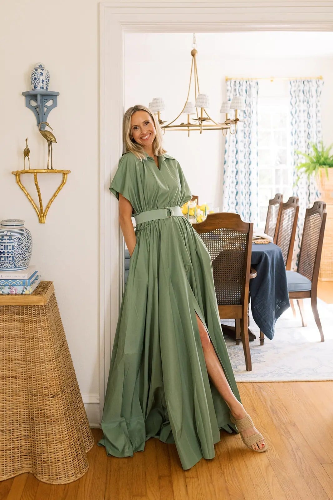 Sage Green Oversized Shirt Dress with High Slit — Dress for Wedding Guest