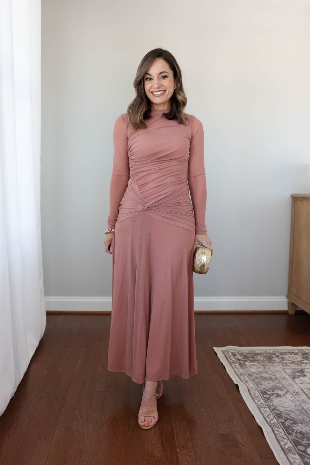 Dusty Rose Ruched Dress with Sheer Sleeves — Dress for Wedding Guest