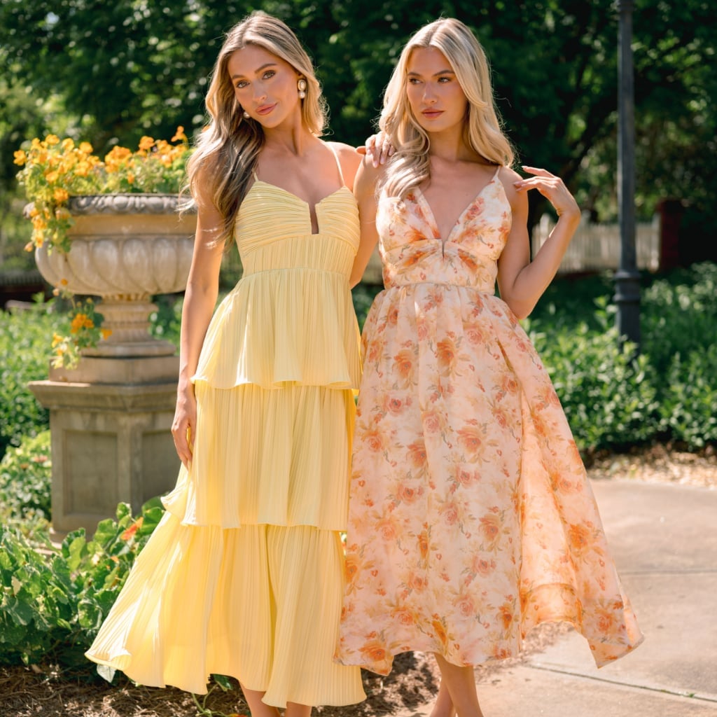 Tiered Yellow Midi Dress with Sweetheart Neckline — Dress for Wedding Guest