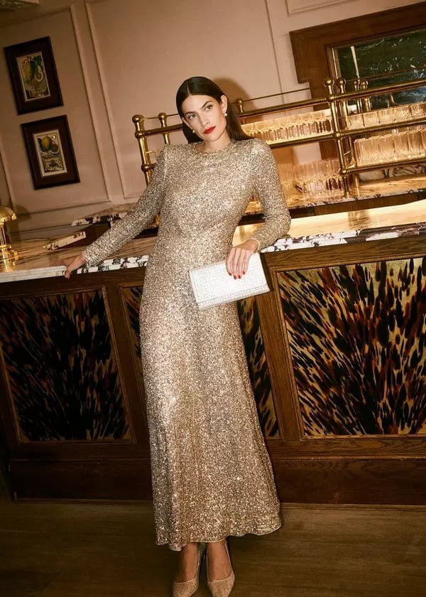 Gold Sequin Maxi Dress with Long Sleeves — Dress for Wedding Guest
