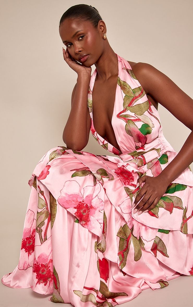 Pink Halter Neck Maxi Dress with Tiered Skirt — Dress for Wedding Guest