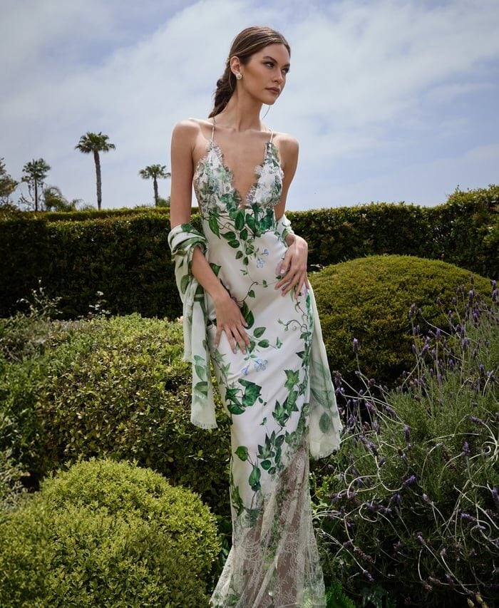 Ivory Slip Dress with Botanical Print and Lace Trim — Dress for Wedding Guest