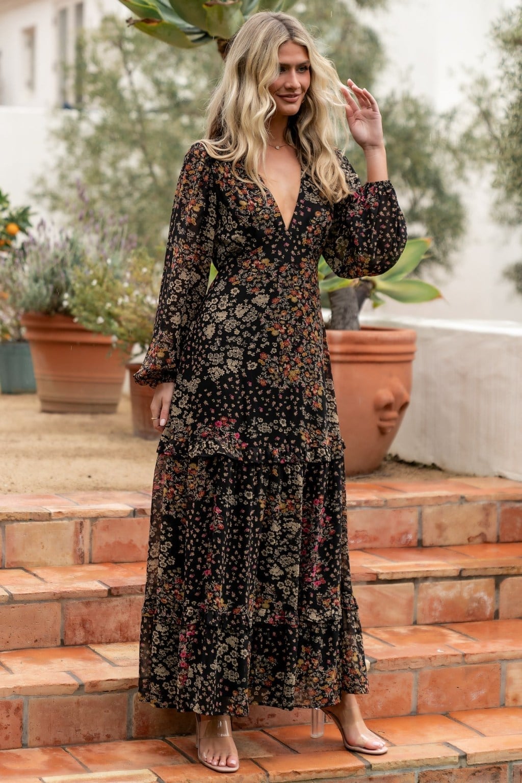 Long Flowy Maxi Dress with Black Floral Print — Dress for Wedding Guest