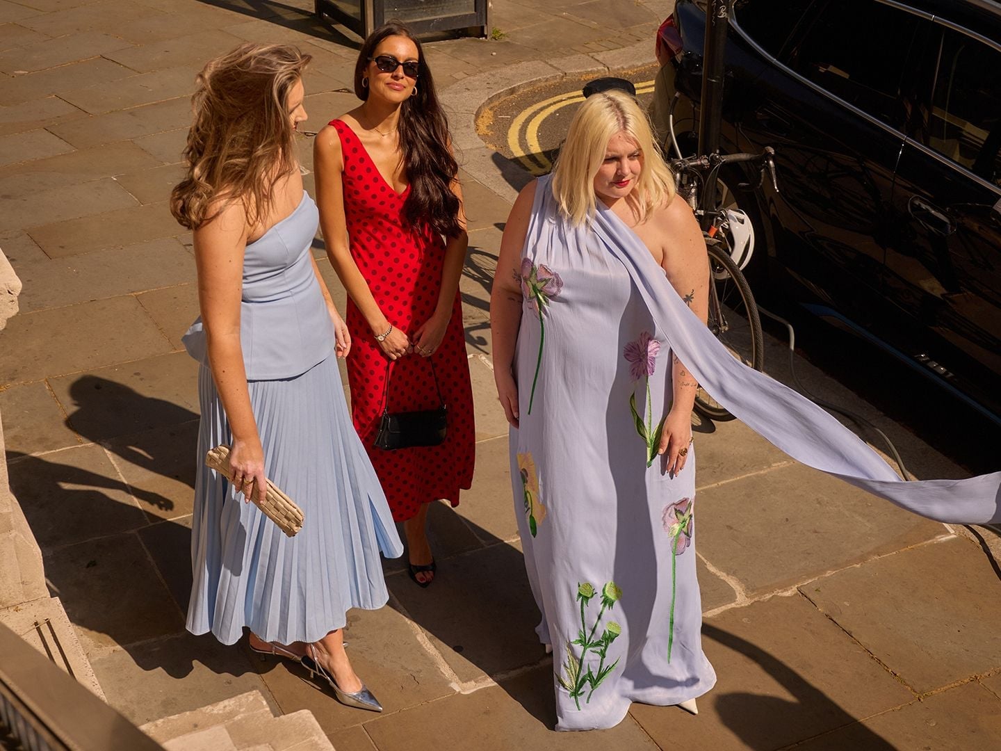 Light Blue Pleated Midi Dress with Floral Print — Dress for Wedding Guest