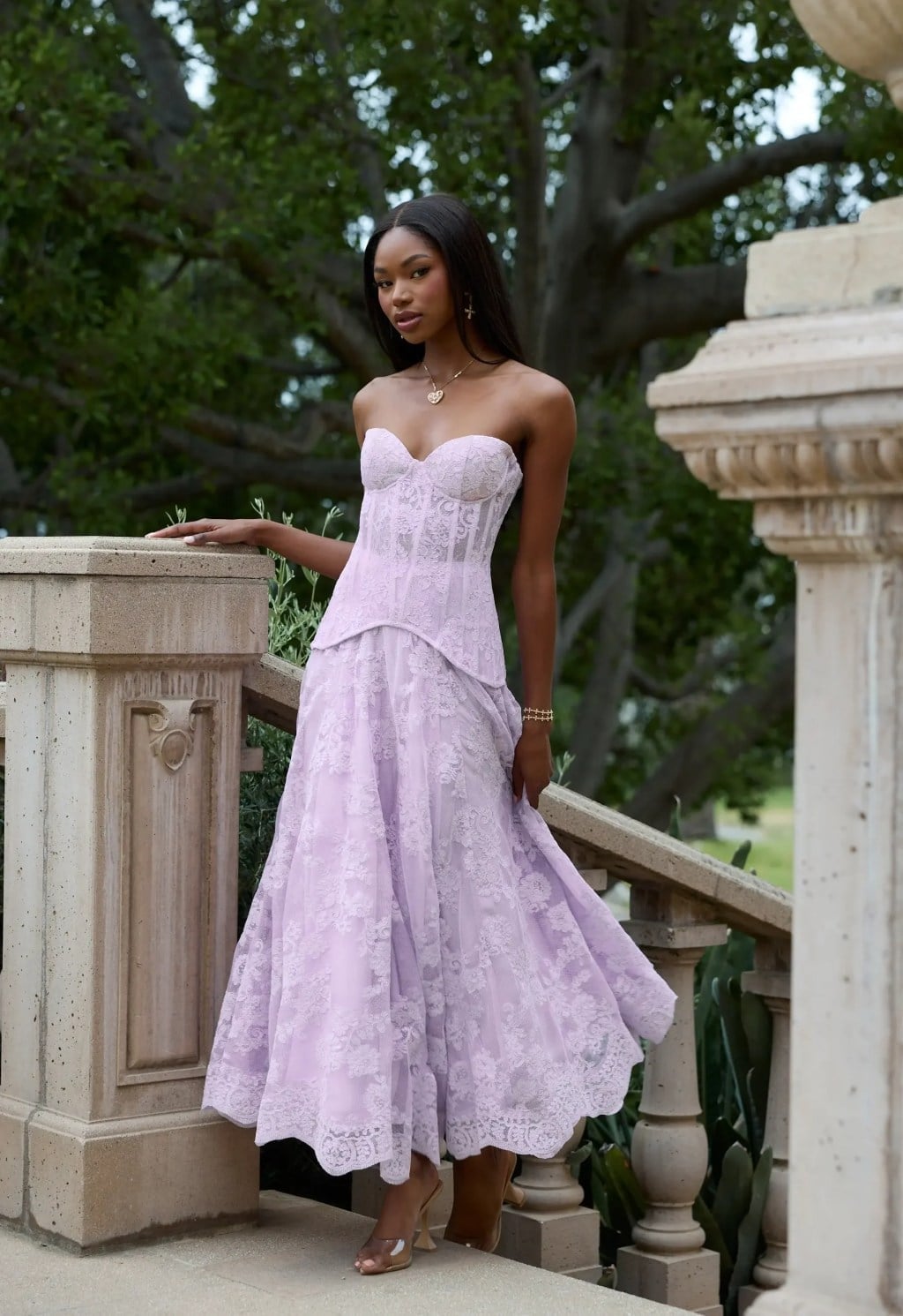 Lavender Lace Dress with Corset Bodice and Clear Heeled Sandals — Dress for Wedding Guest