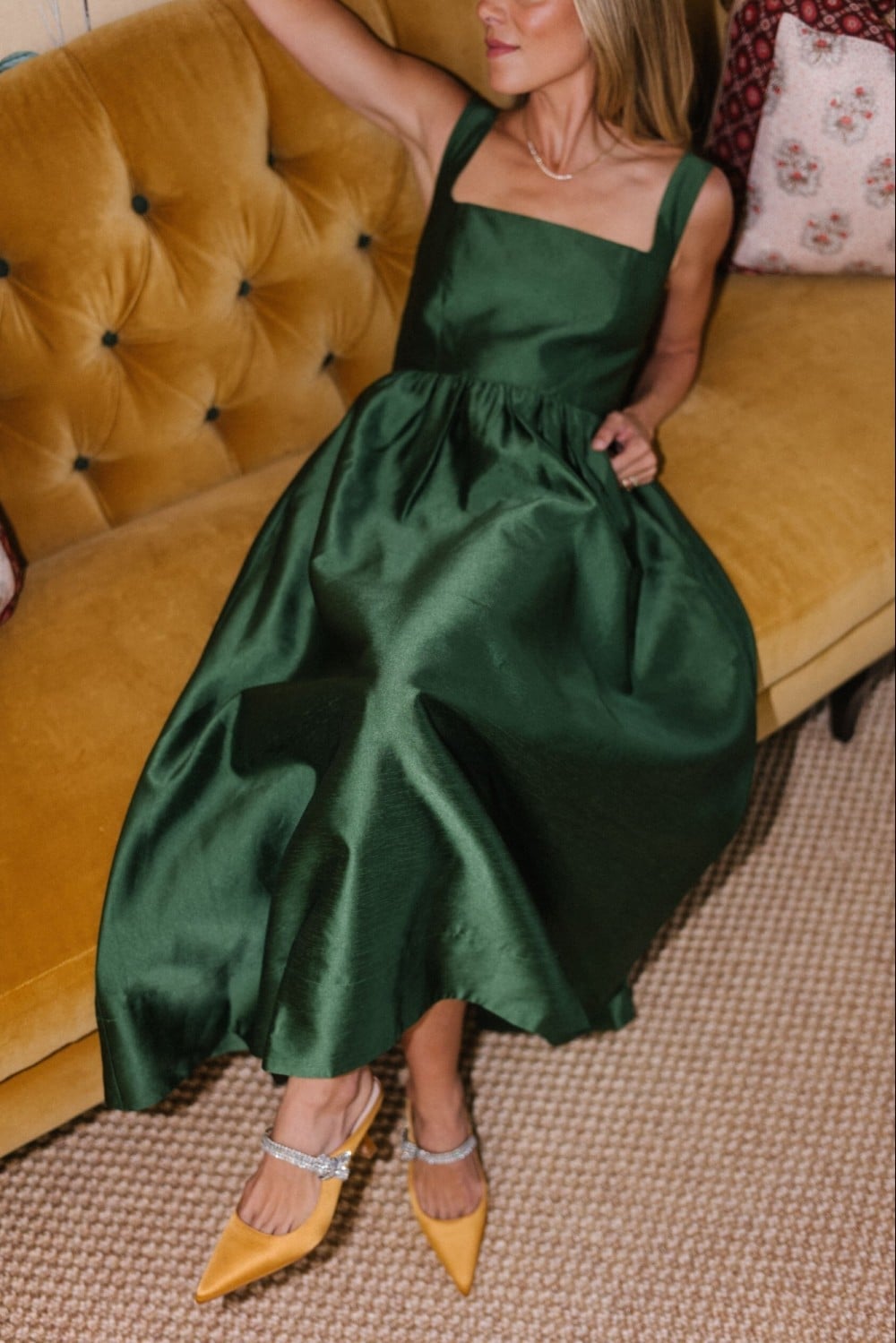 Emerald Green Square-Neck Dress with Shiny Skirt, Close-Up Take — Dress for Wedding Guest