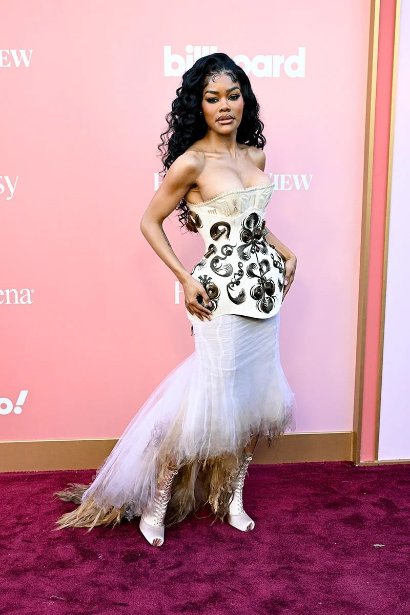Corset Top Dress with Voluminous Skirt and White Open-Toe Boots — Dress Like a Celebrity