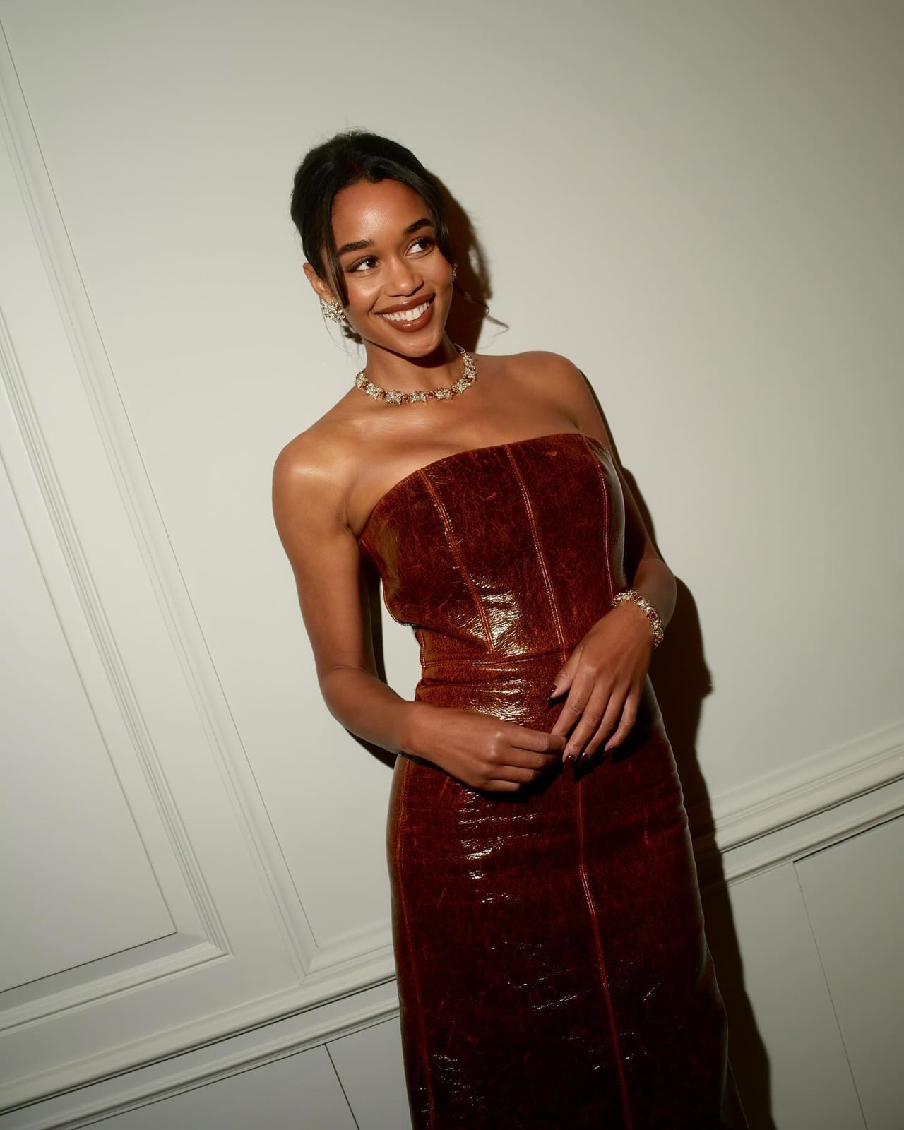 Brown Patent Leather Bodycon Dress With Statement Necklace — Dress Like a Celebrity