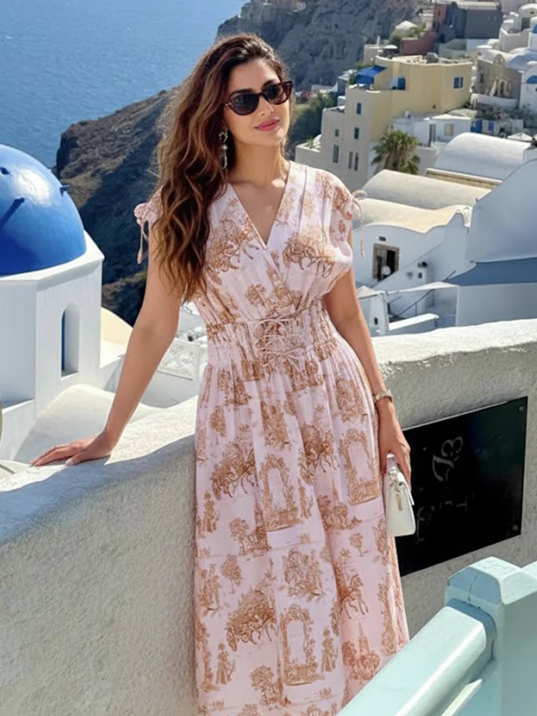 Pink Toile Print Midi Dress With Cinched Waist — Dress Like a Celebrity