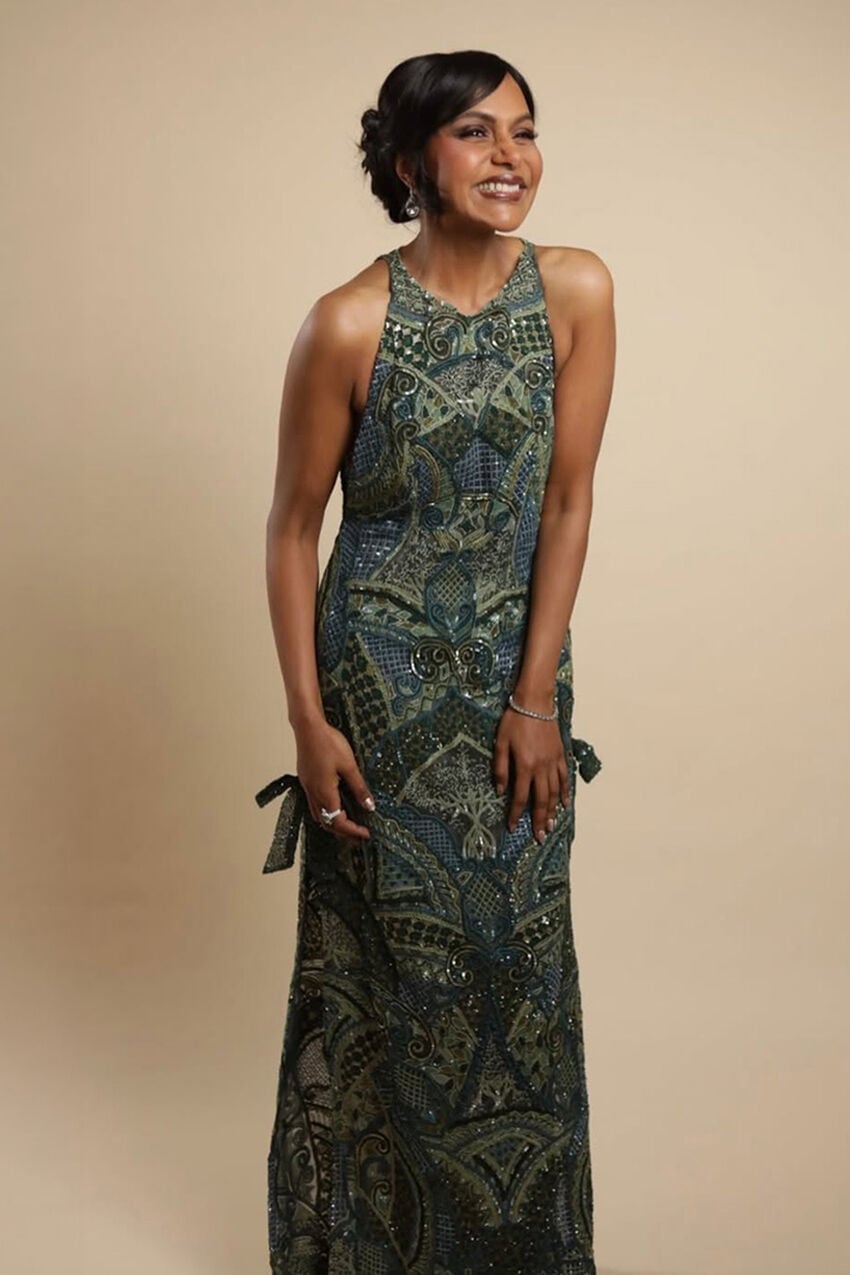 Green and Blue Sequin Halter Dress — Dress Like a Celebrity