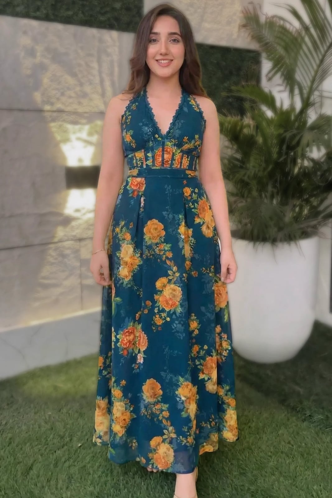Teal Maxi Dress with Floral Print — Dress Like a Celebrity