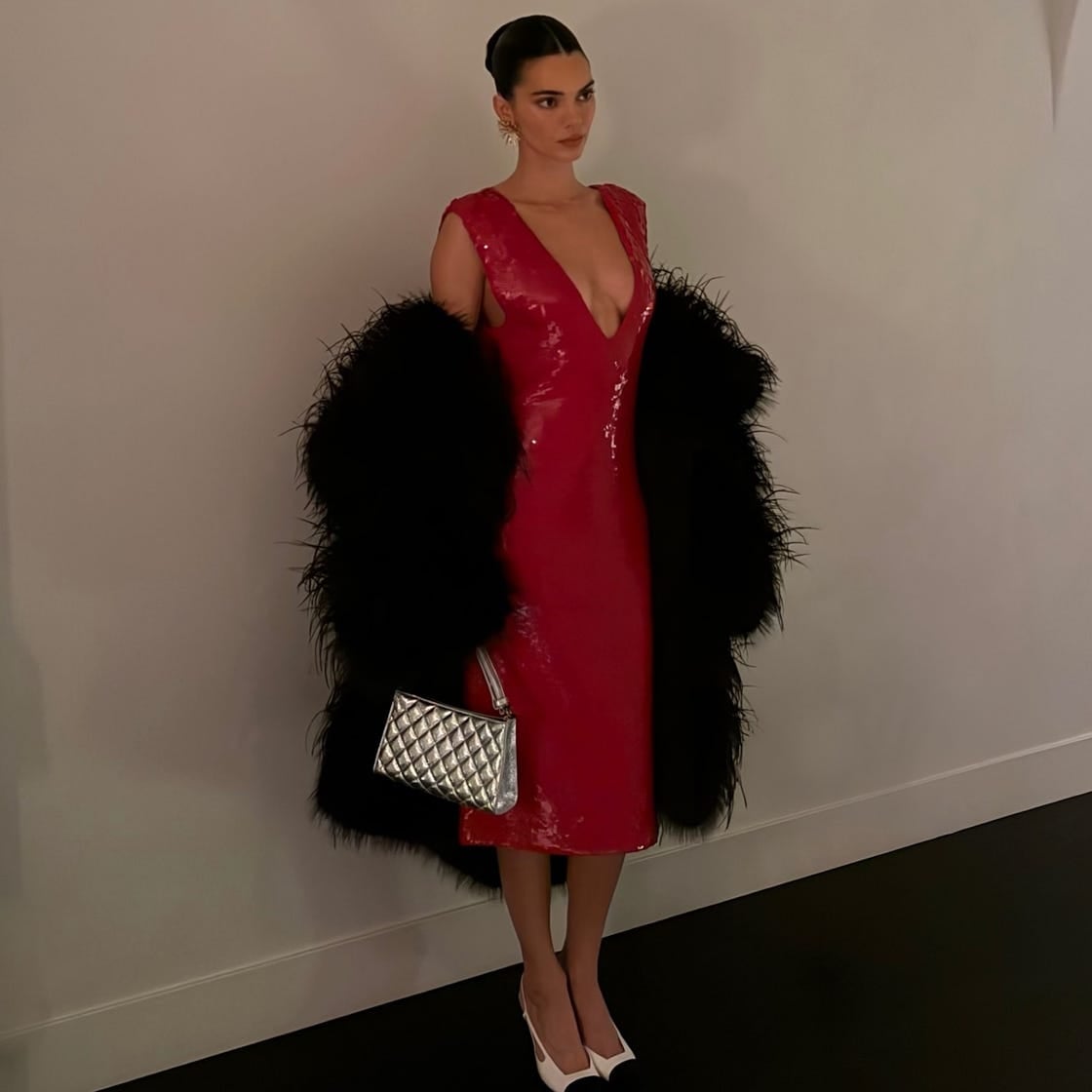Red Sequin Sheath Dress with Feather Boa and Two-Tone Pumps — Dress Like a Celebrity