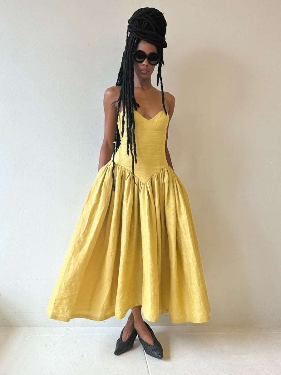 Yellow Linen Fit and Flare Midi Dress with Voluminous Skirt — Dress Up Day Ideas