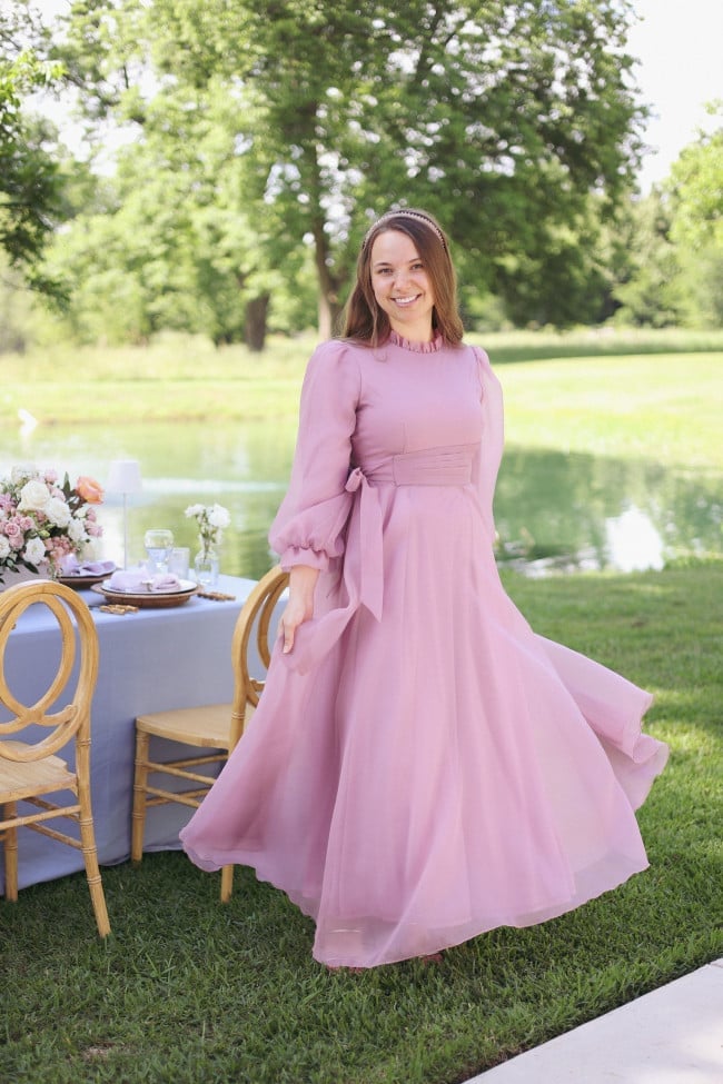 Dusty Rose Maxi Dress with Puff Sleeves and Sheer Overlay — Dress Up Day Ideas