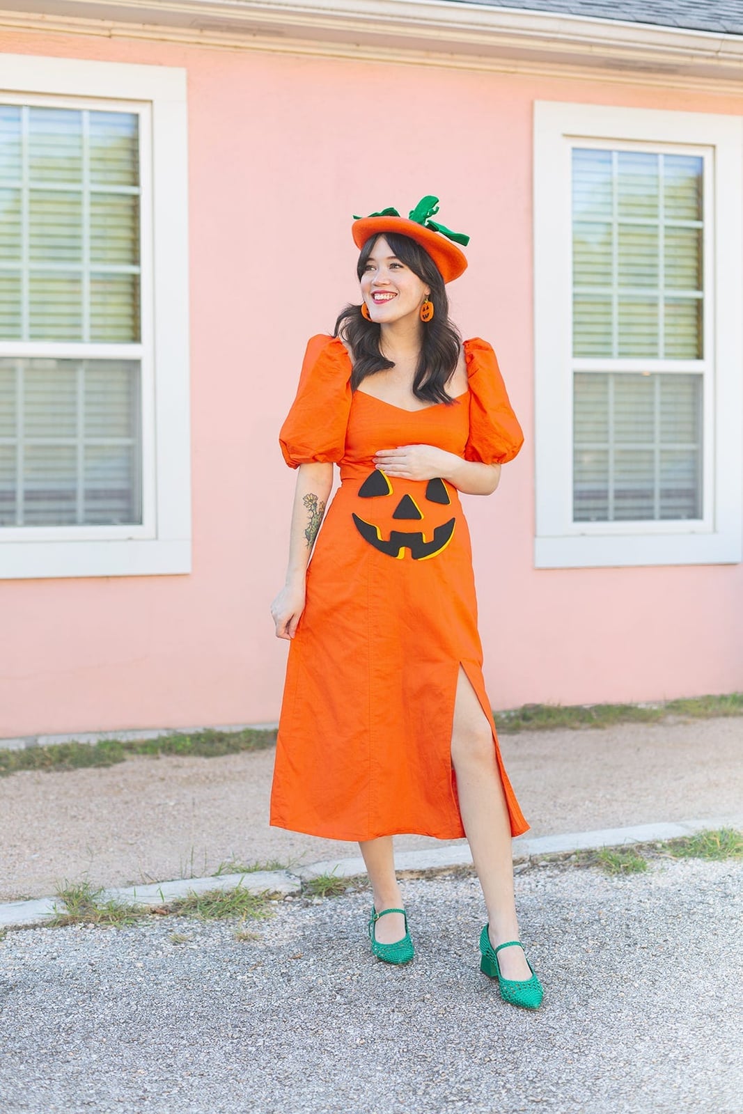 Orange Jack-O'-Lantern Midi Dress with Puff Sleeves and Slit — Dress Up Day Ideas