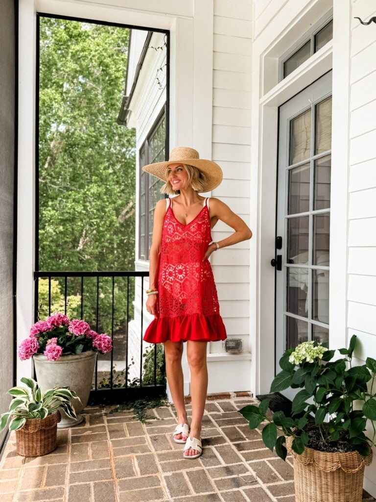 Red Lace Mini Dress with Ruffled Hem and Straw Hat — Dress Up Day Ideas