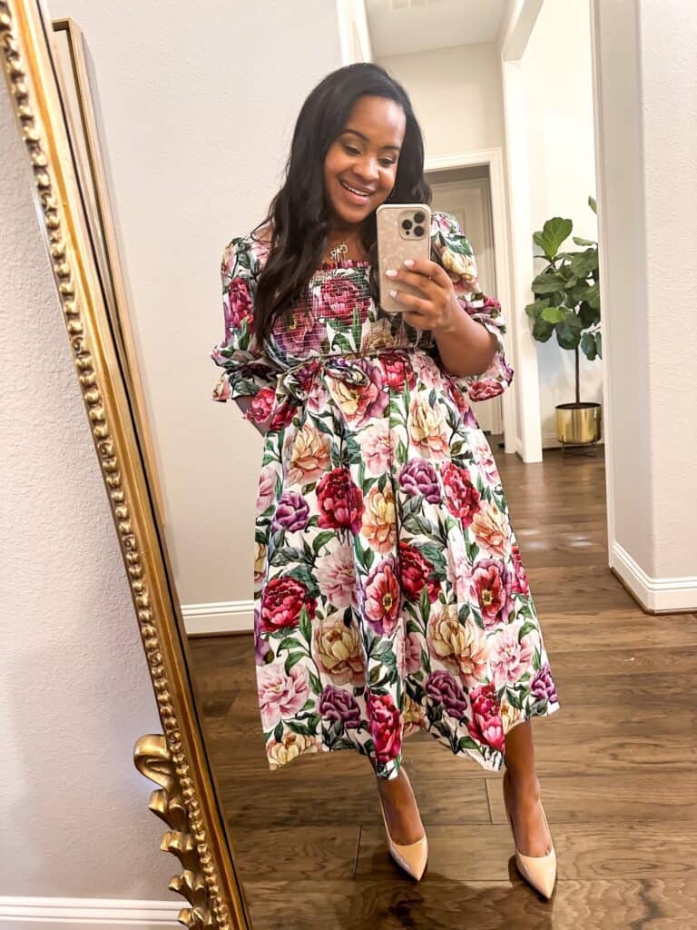 Floral Print Midi Dress with Smocked Bodice and Voluminous Sleeves — Dress Up Day Ideas