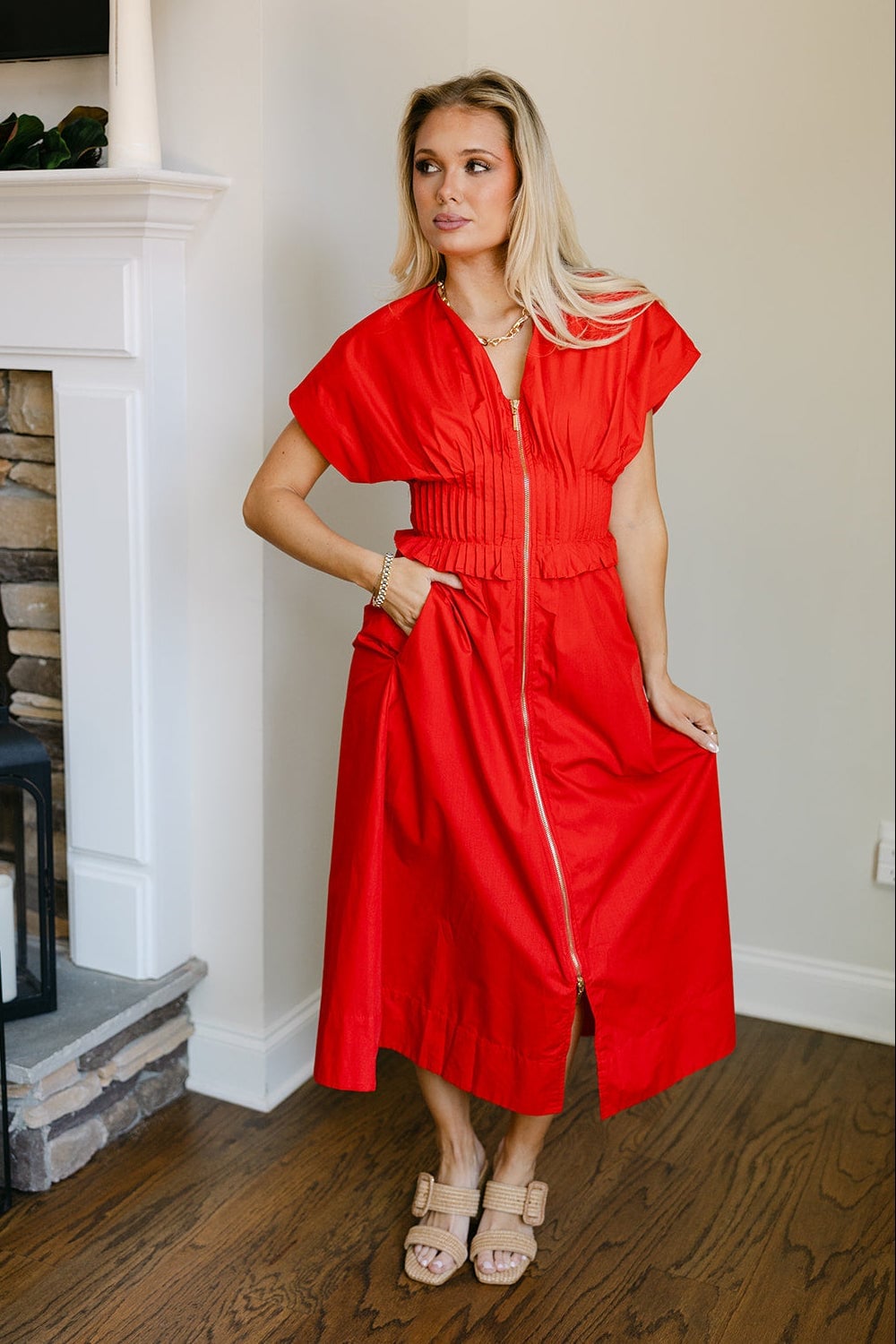 Vibrant Red Midi Dress with Cinched Waist and Gold Zipper — Dress Up Day Ideas
