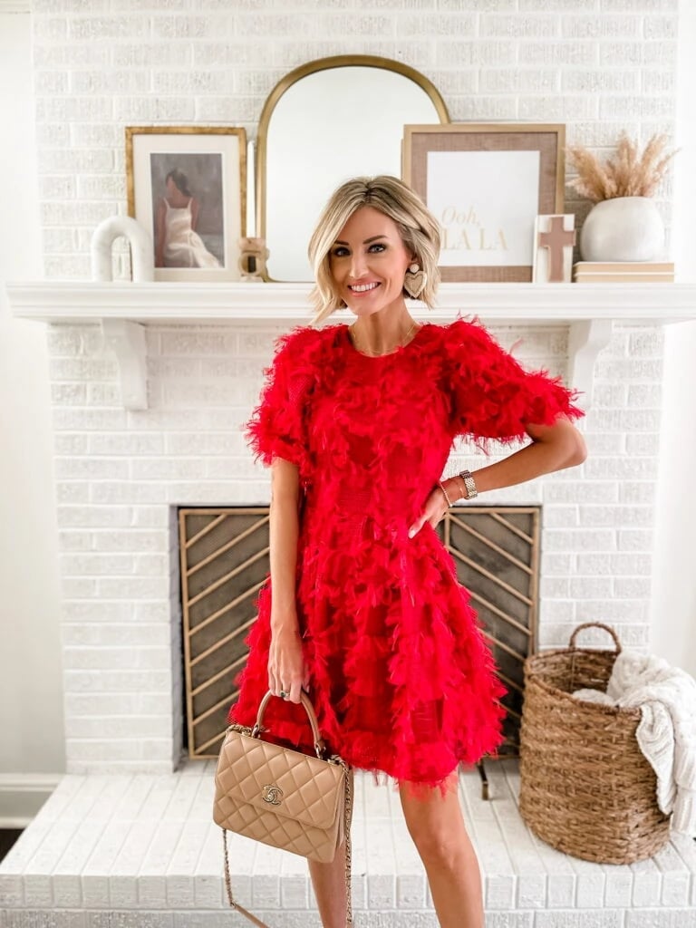 Vibrant Red Textured A-Line Mini Dress with Voluminous Sleeves — Dress Up Day Ideas