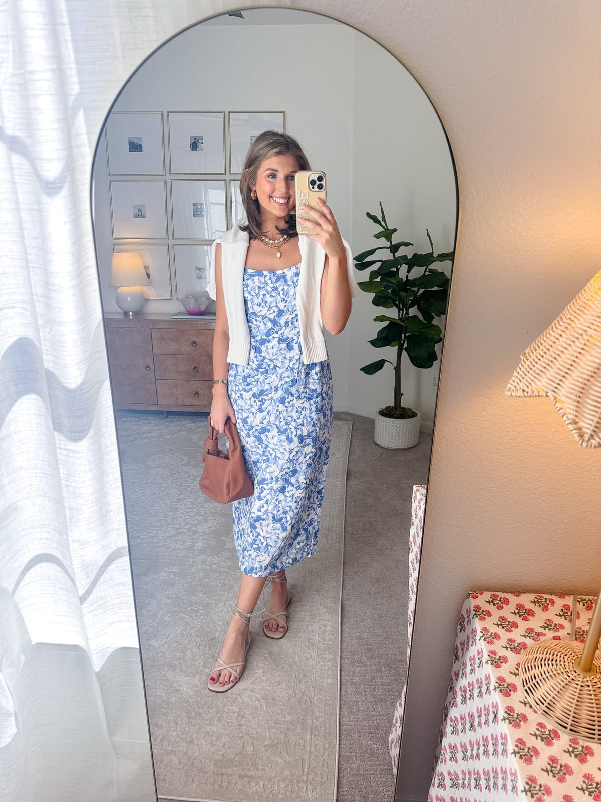 Blue Floral Print Midi Dress Layered with White Cardigan — Dress Up Day Ideas