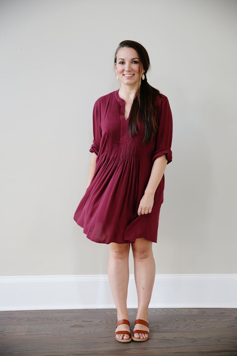 Maroon Knee-Length Dress with V-neck and Pleated Detailing — Dress Up Day Ideas