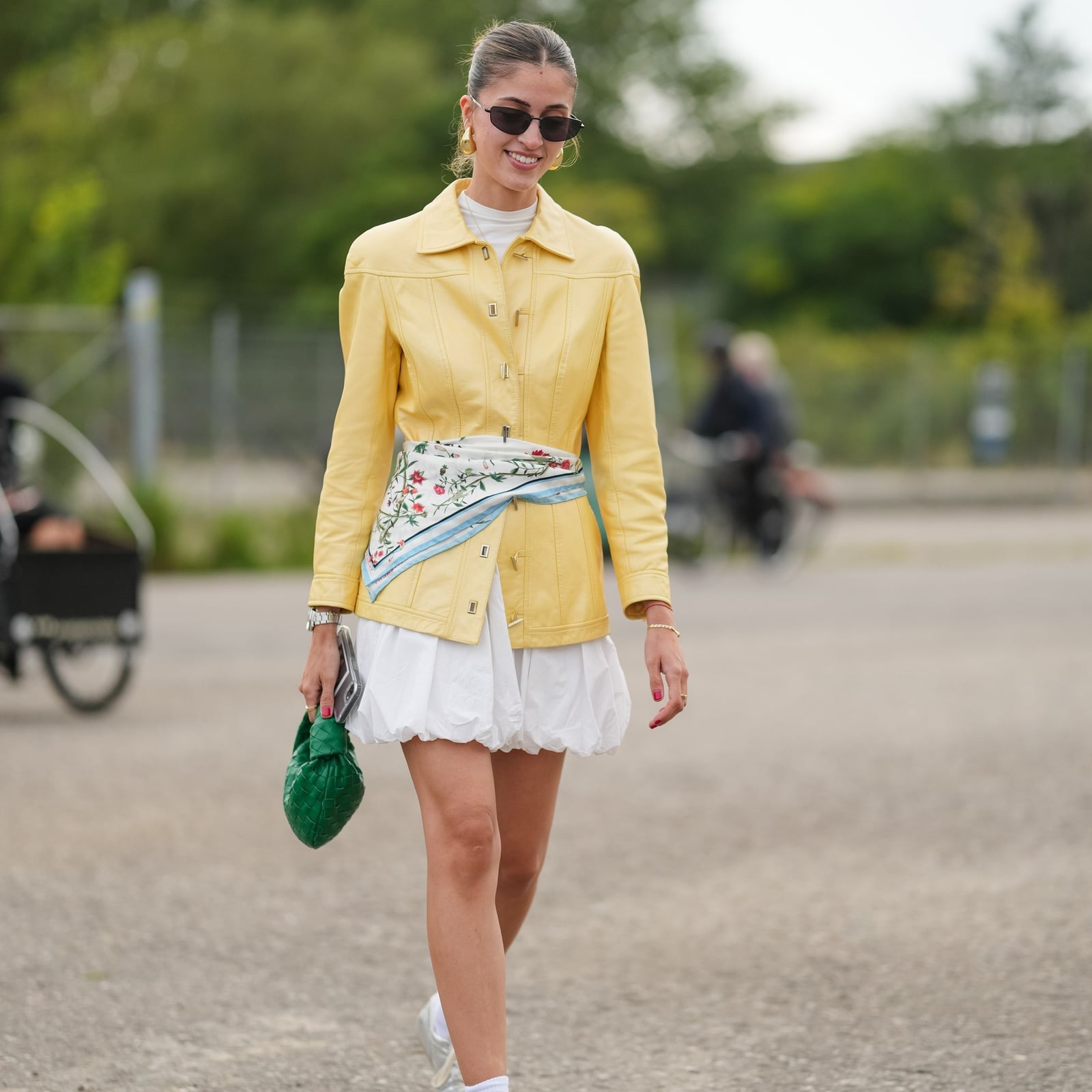 White Mini Dress with Yellow Leather Jacket and Scarf Belt — Dress Up Day Ideas