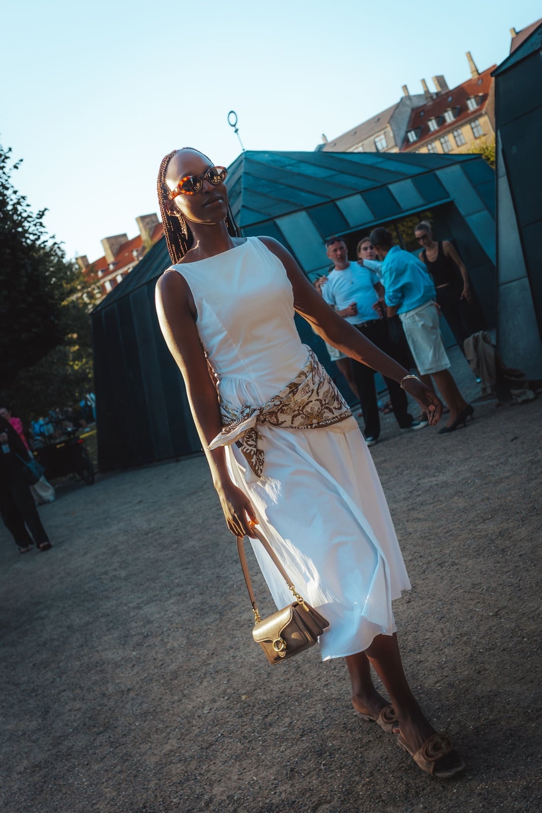 White Sleeveless A-Line Dress with Patterned Silk Sash — Dress Up Day Ideas