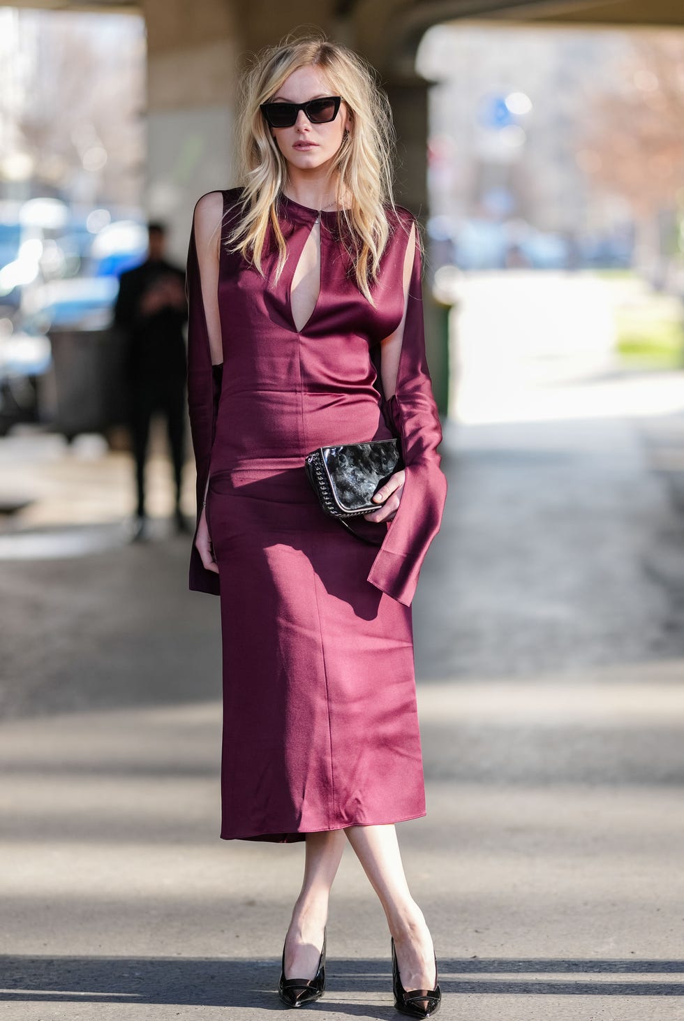 Deep Red Satin Midi Dress with Keyhole Neckline and Cut-Out Sleeves — Dress Up Day Ideas