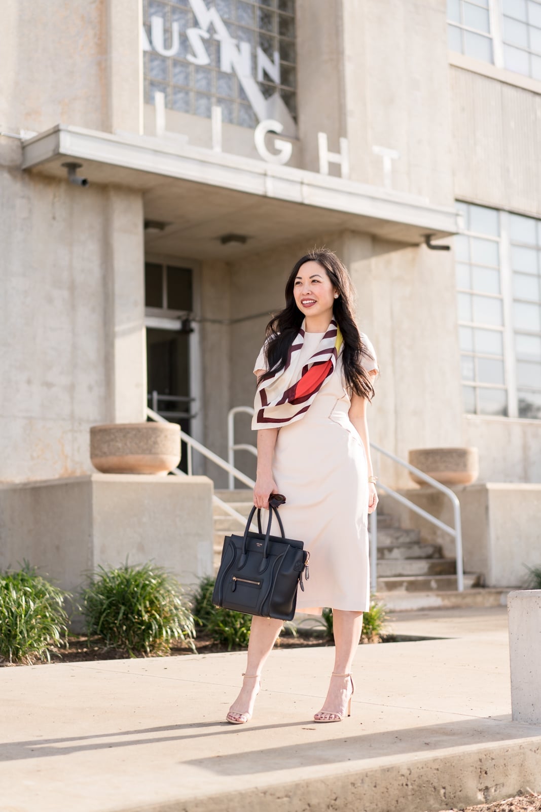 Cream Sheath Dress with a Vibrant Silk Scarf — Dress with Scarf
