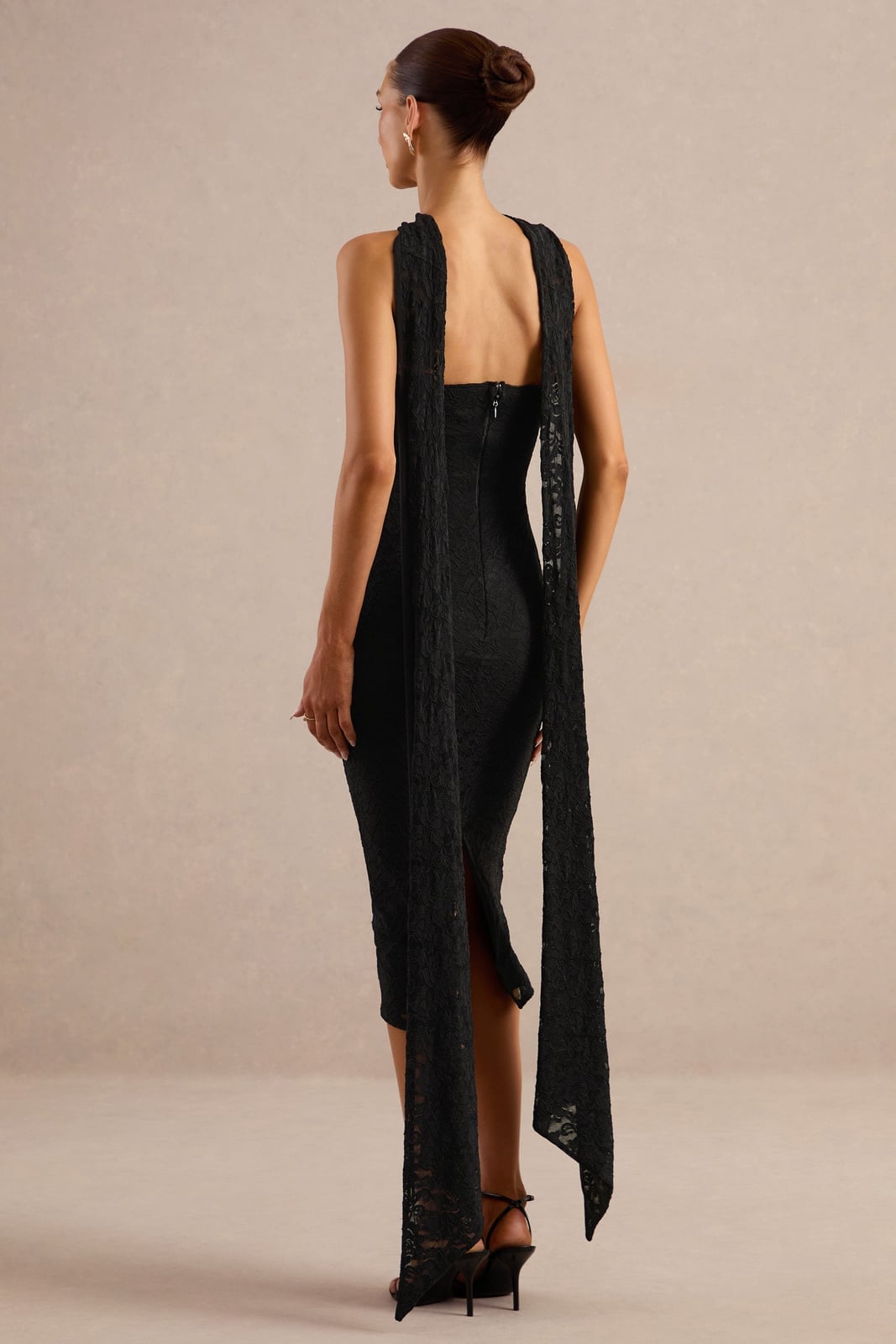 Black Lace Bodycon Dress with Long Scarf Detail — Dress with Scarf