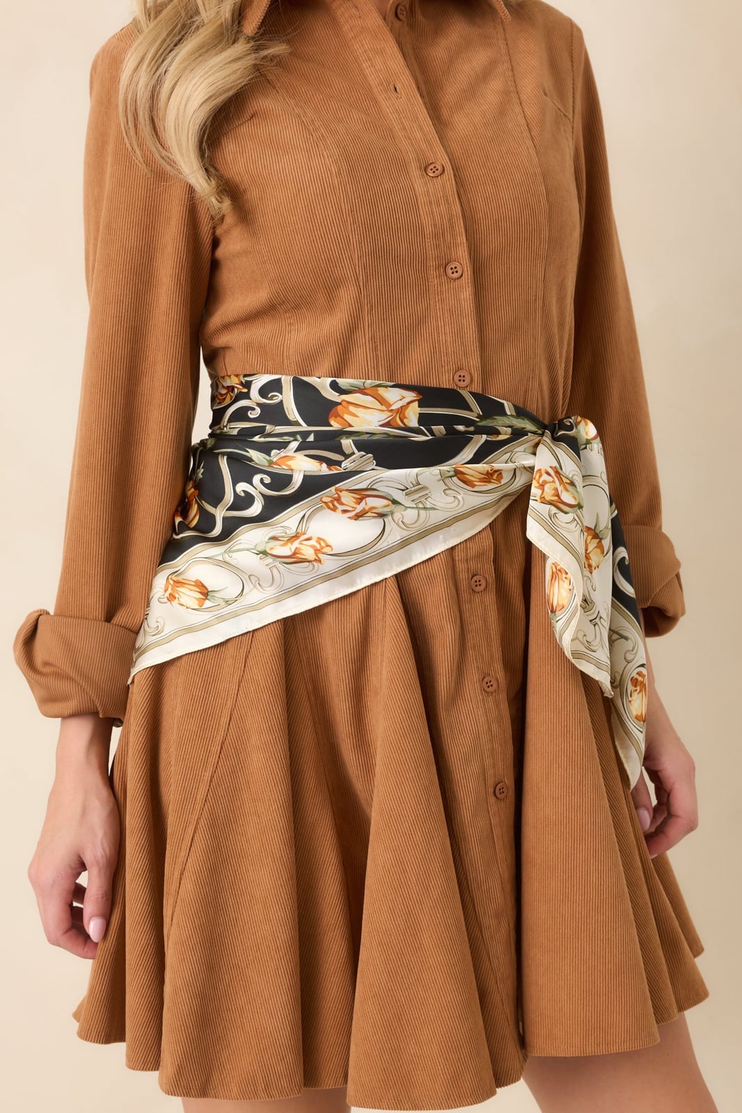 Brown Corduroy Shirt Dress with Scarf Belt