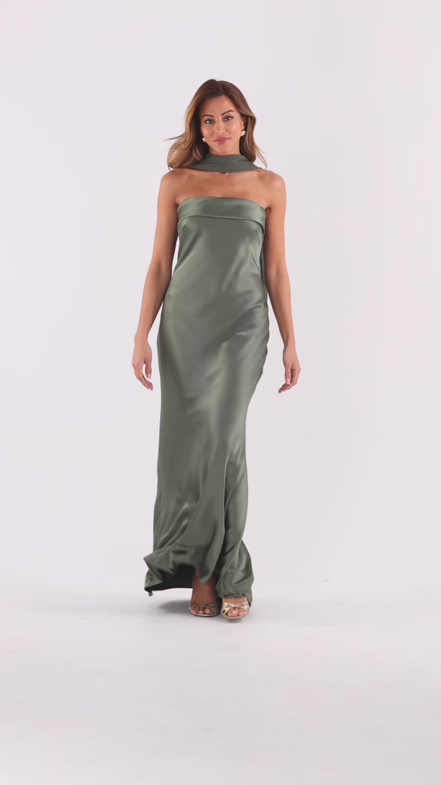 Sage Green Satin Column Dress with Integrated Scarf — Dress with Scarf