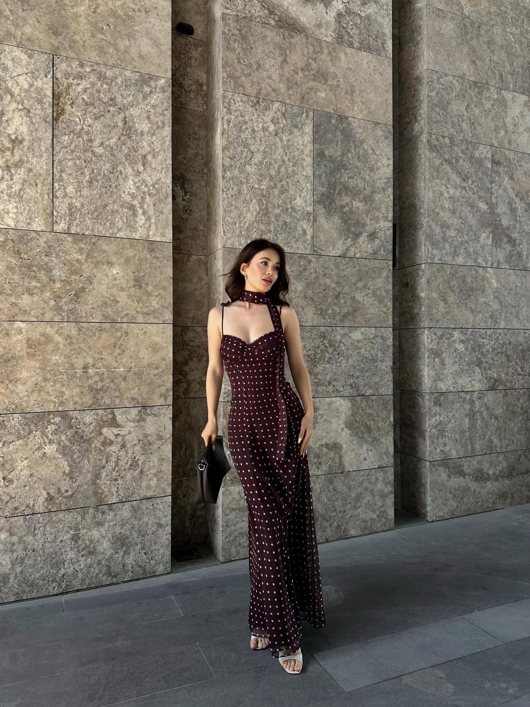 Burgundy Polka Dot Maxi Dress with Scarf Choker