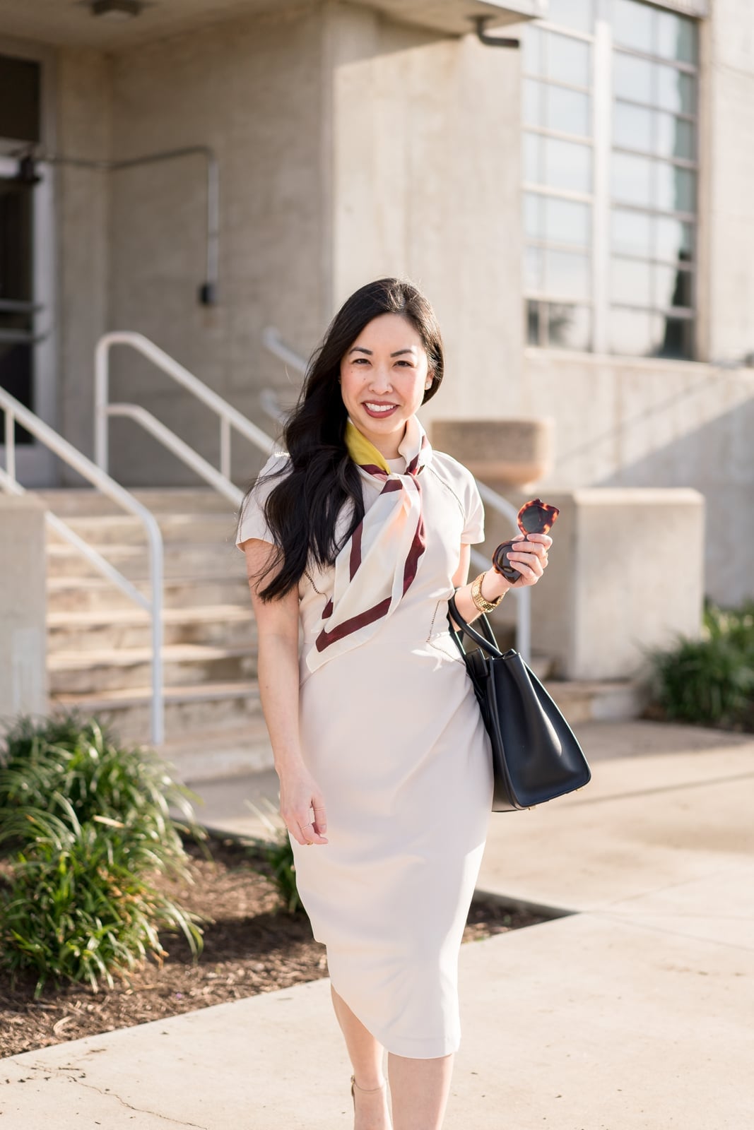 Beige Sheath Dress with a Multi-Colored Silk Scarf — Dress with Scarf