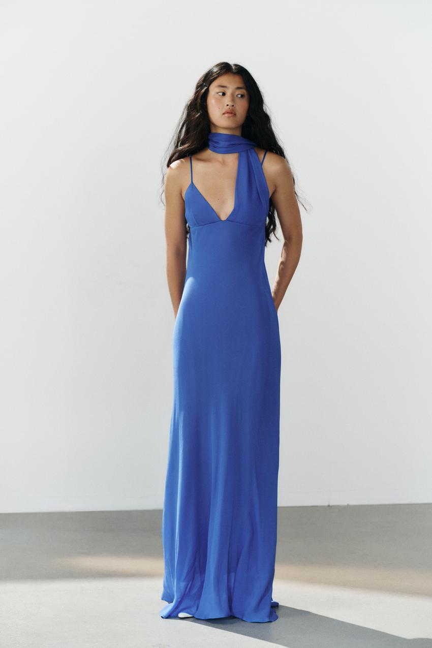 Vibrant Blue Georgette Dress with Scarf Strap
